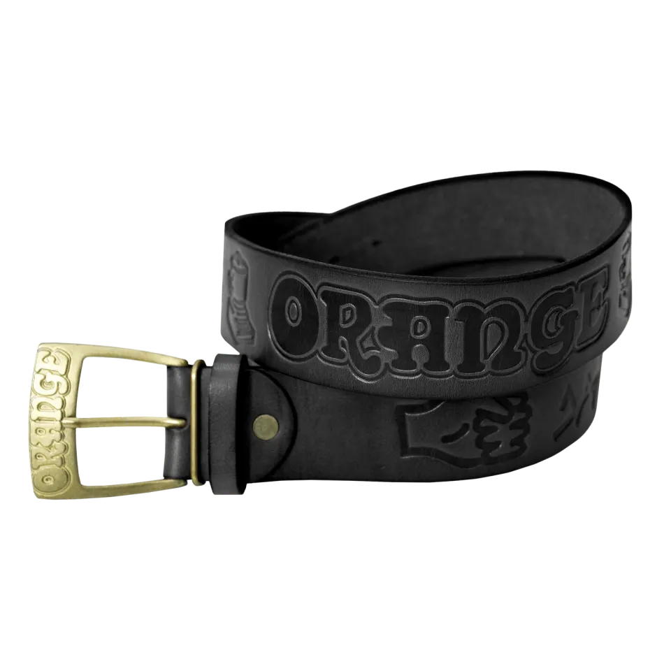 Orange skinnbelte svart hieroglyf preget