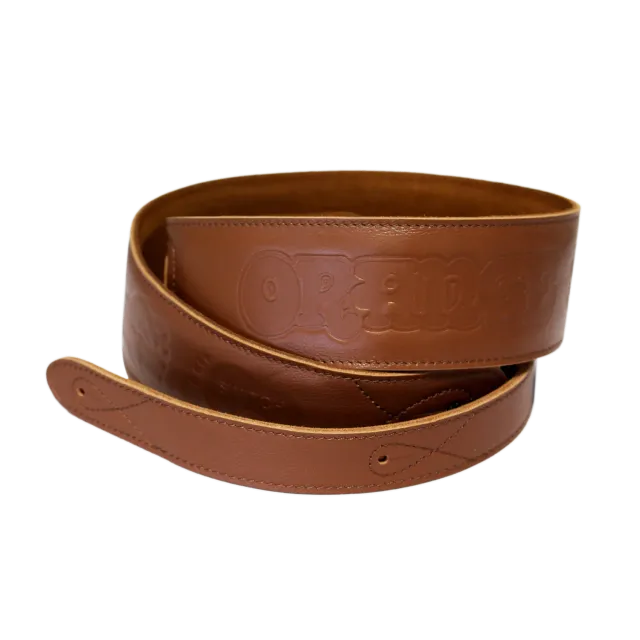 Orange Leather Guitar Strap gitarreim brun lær hieroglyf
