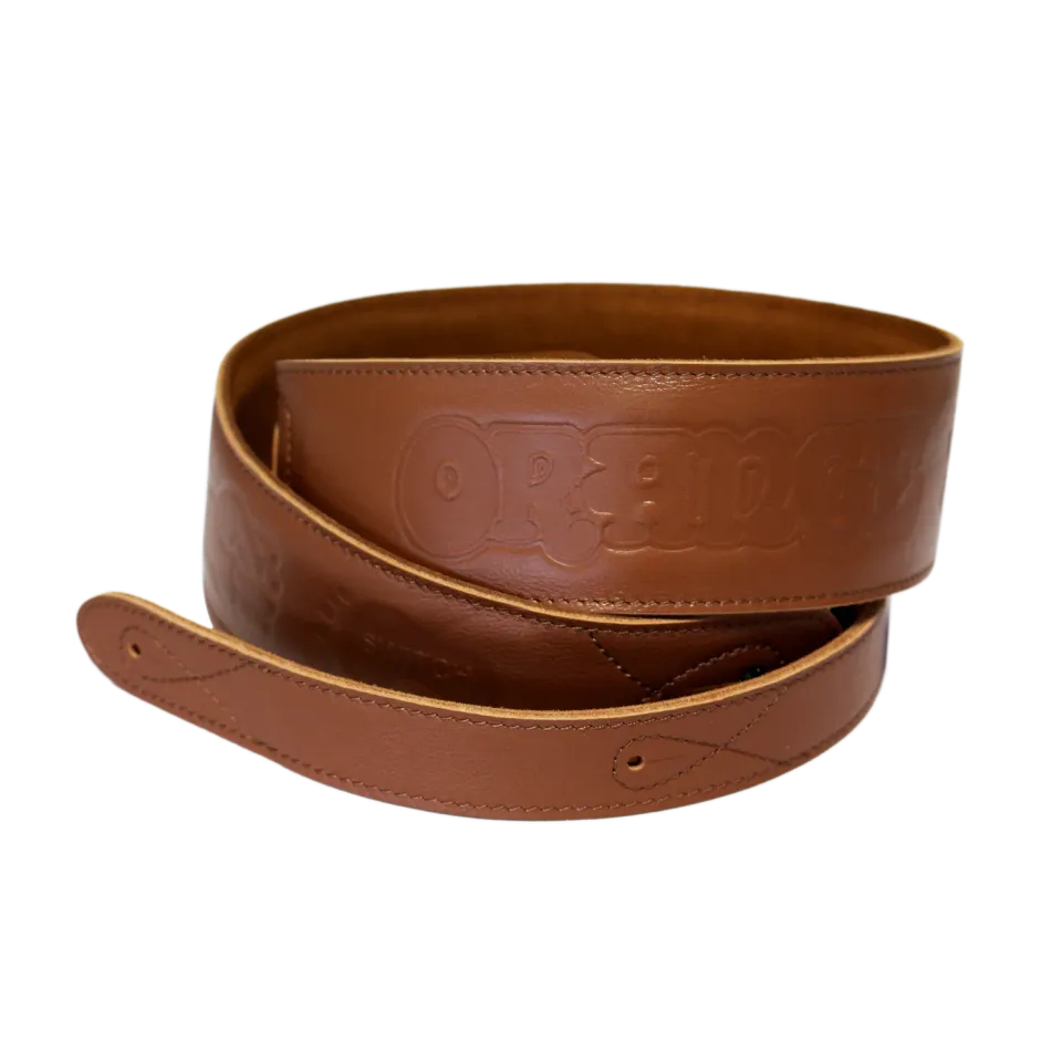 Orange Leather Guitar Strap gitarreim brun lær hieroglyf