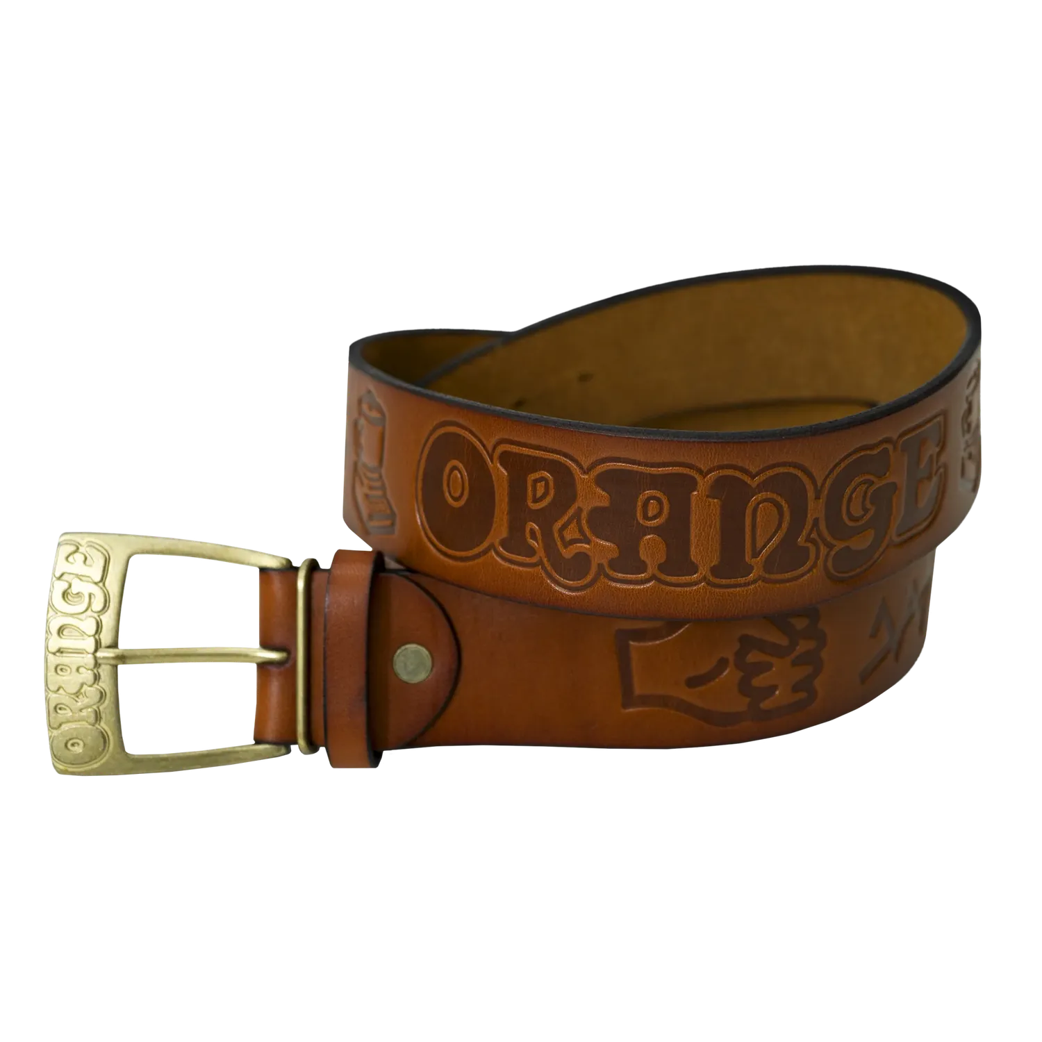 Orange skinnbelte svart hieroglyf preget